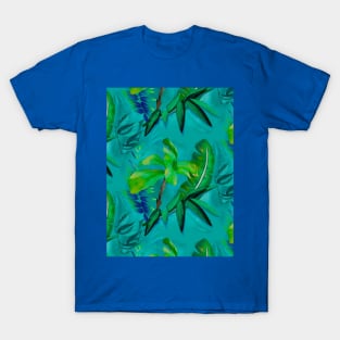 Elegant Tropical floral leaves botanical pattern,botanical pattern, tropical plants, green turquoise leaves pattern over a T-Shirt